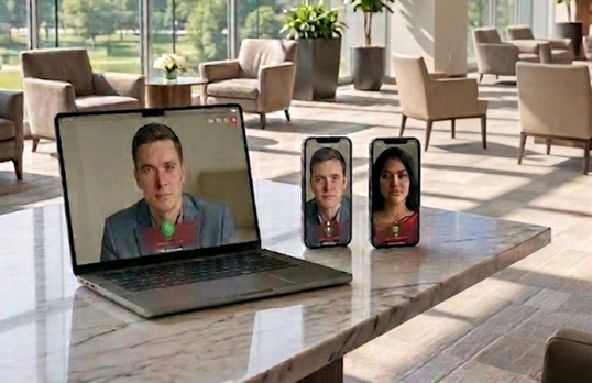 Aria on a laptop and two mobile devices in a hotel lobby